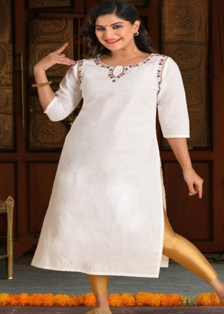 Ivory Cotton Embroidered  Kurta
