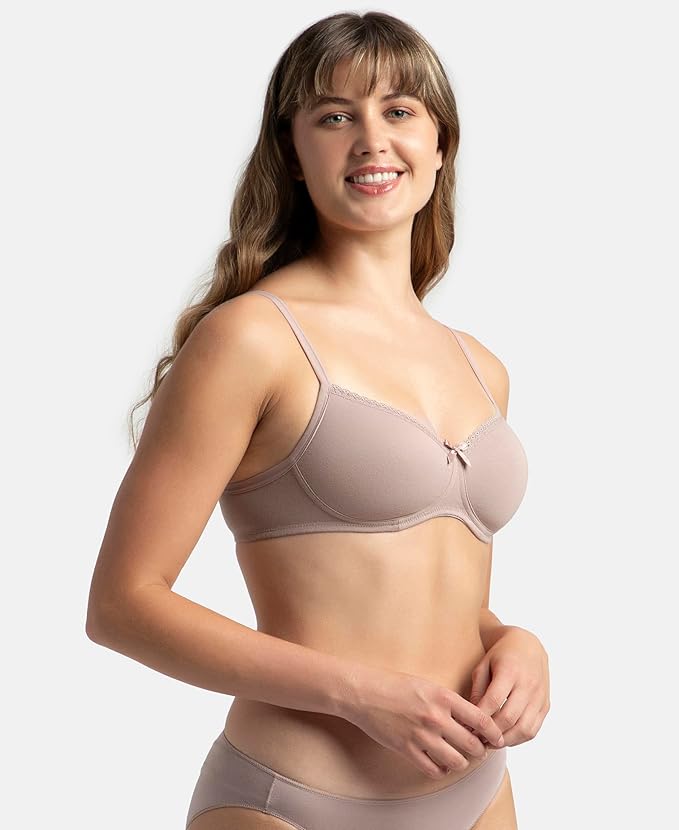 JOCKEY Wirefree Padded Super Combed Cotton Elastane Stretch Medium Coverage Lace Styling T-Shirt Bra with Adjustable Straps (1723)