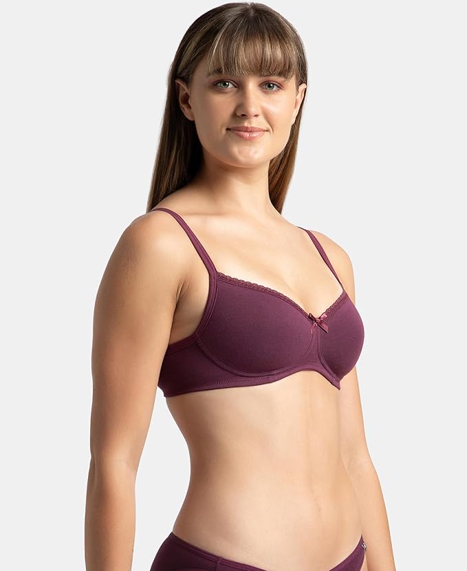 JOCKEY Wirefree Padded Super Combed Cotton Elastane Stretch Medium Coverage Lace Styling T-Shirt Bra with Adjustable Straps (1723)