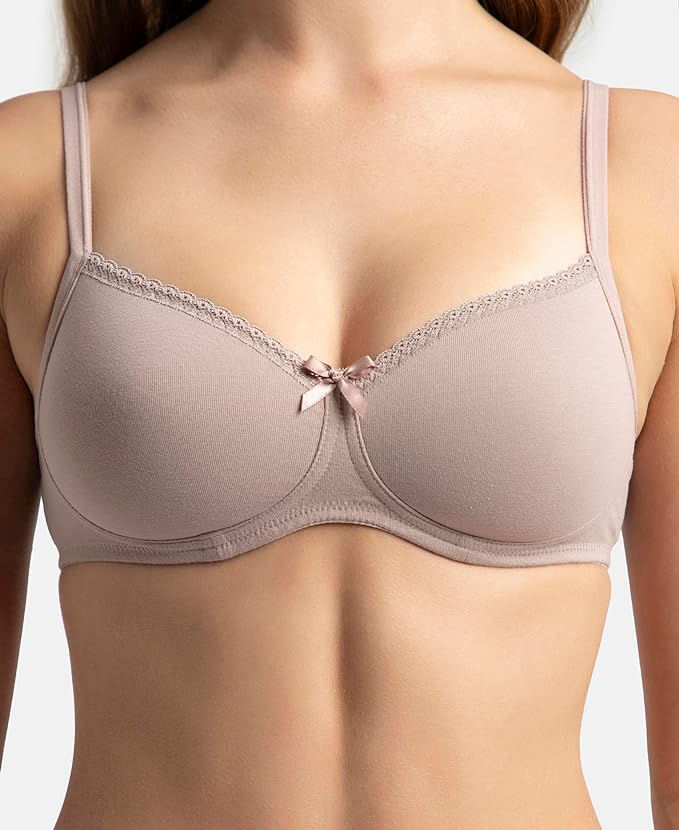 JOCKEY Wirefree Padded Super Combed Cotton Elastane Stretch Medium Coverage Lace Styling T-Shirt Bra with Adjustable Straps (1723)