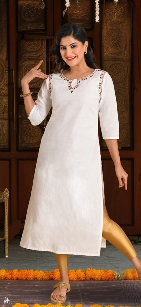 Ivory Cotton Embroidered  Kurta