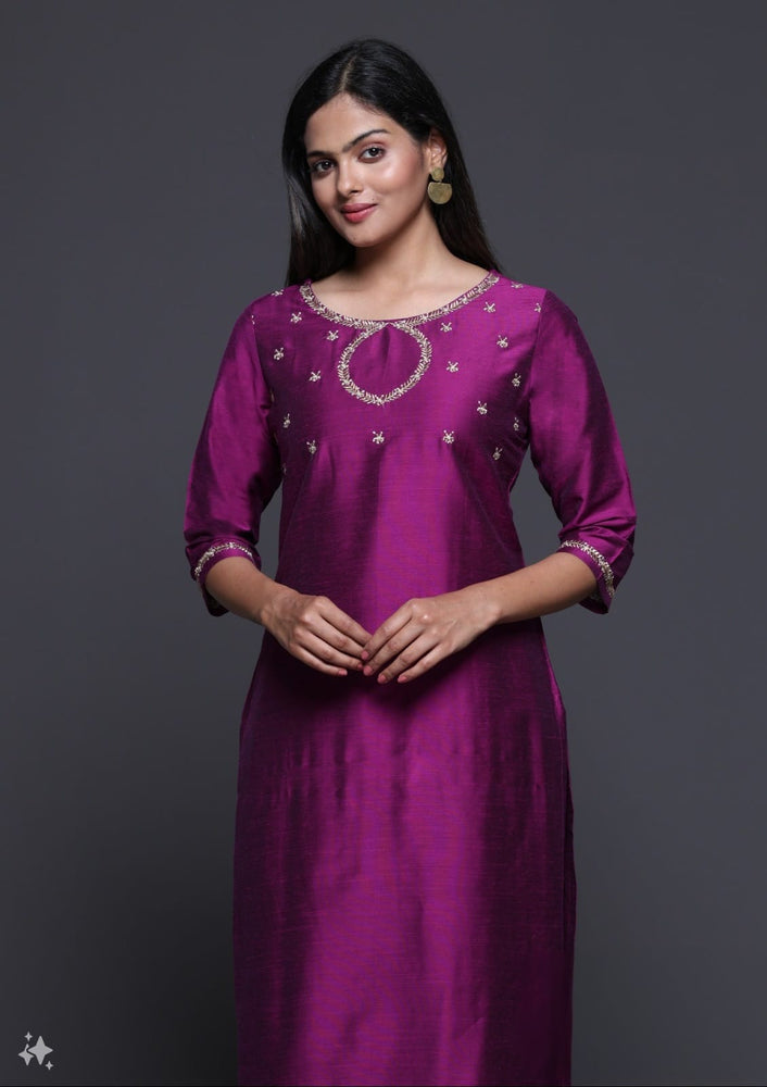 Women Embroidered Art Silk A-line Kurta