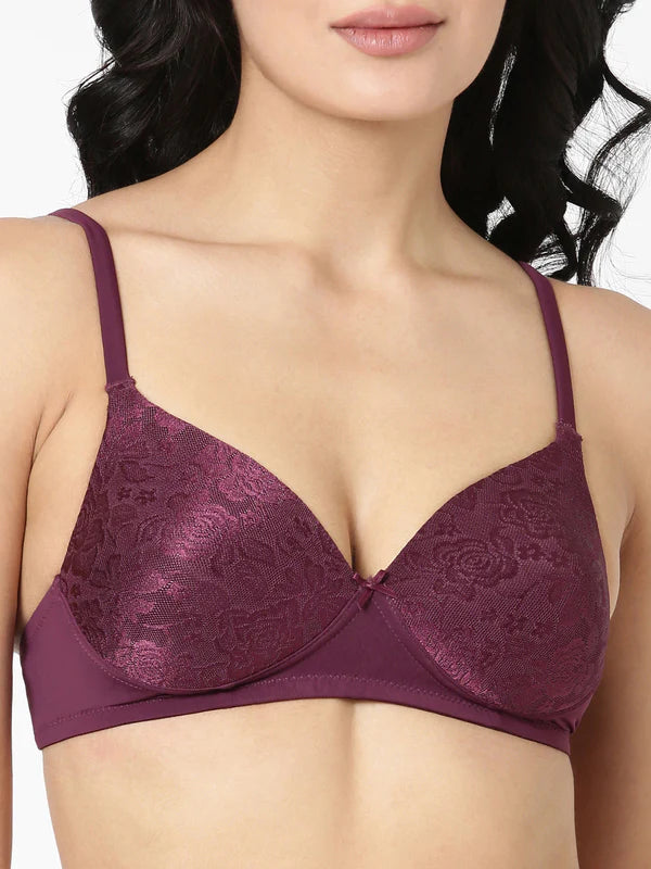 Women's Medium Coverage, Crafted with Lace Fabric Covered Cup, Lightly Padded, Wire-Free Solace Bra